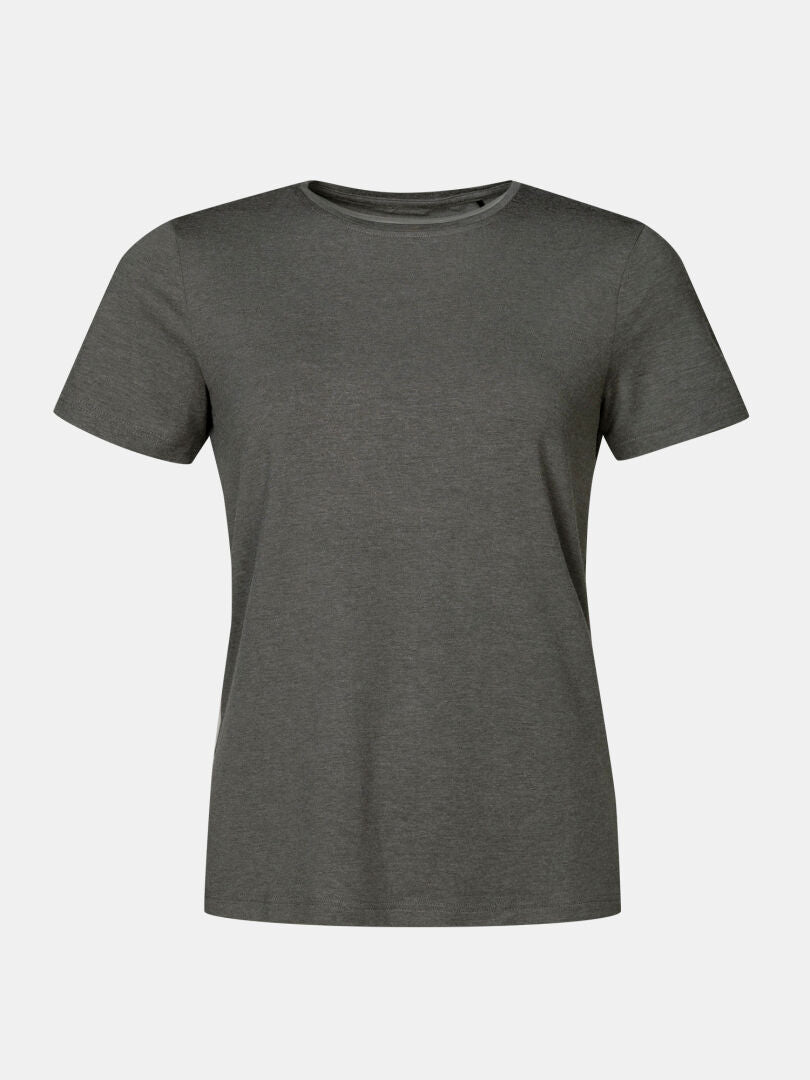 Halti Tuntu II Merino T-skjorta Dam: mörkgrå, korta ärmar, rund halsringning, perfekt för friluftsliv, på vit bakgrund.