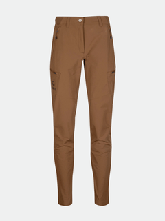 Halti Pallas Evo Brushed X-stretch Byxor Dam: bruna softshellbyxor med smal passform, blixtlåsförsedda fickor och synliga sömmar.