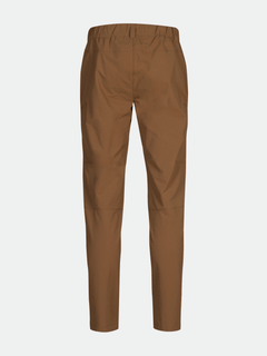 Halti Pallas Evo Brushed X-stretch herrbyxor, bruna med rak passform och resårmidja, visas bakifrån.