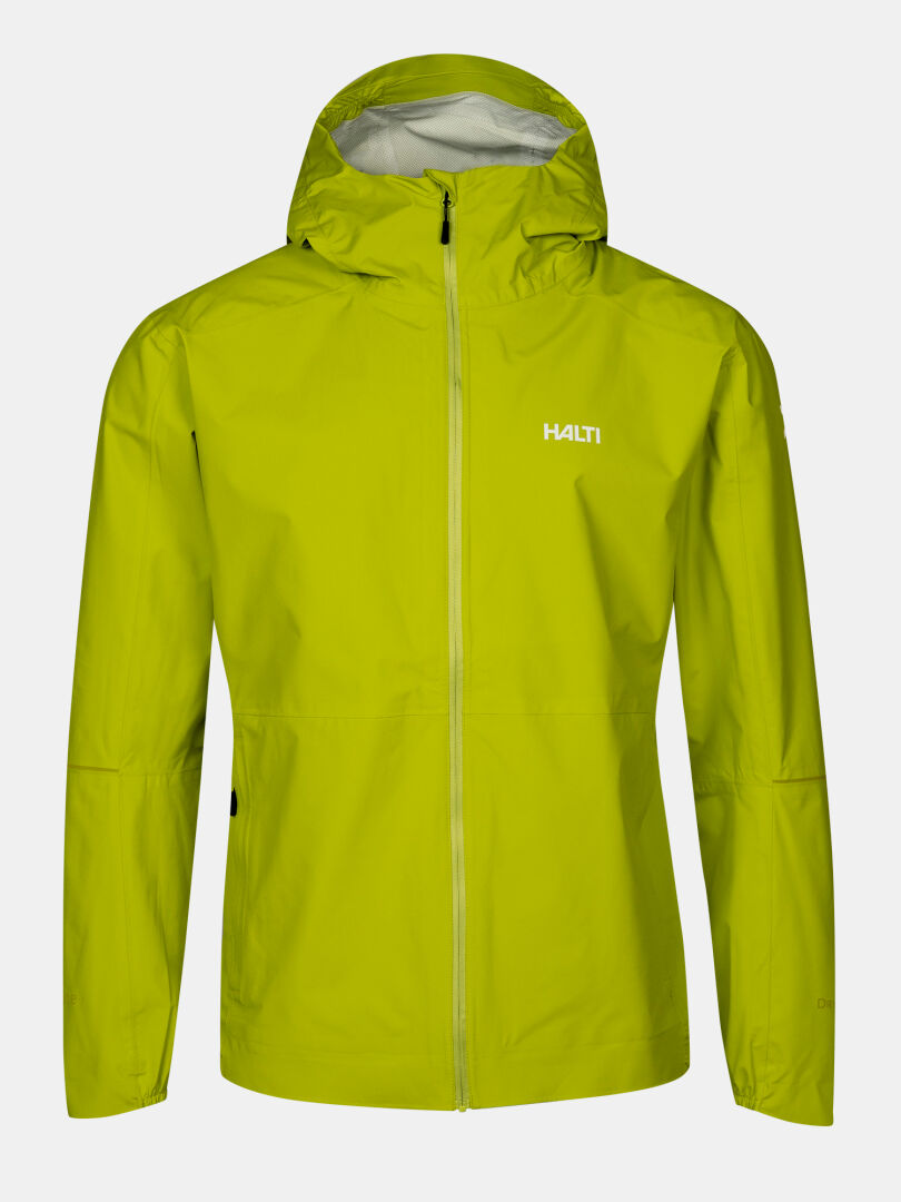 Pisarat 2,5L DX Skaljacka Herr by Halti i gulgrönt med dragkedja fram och bröstlogotyp, på en enfärgad bakgrund.