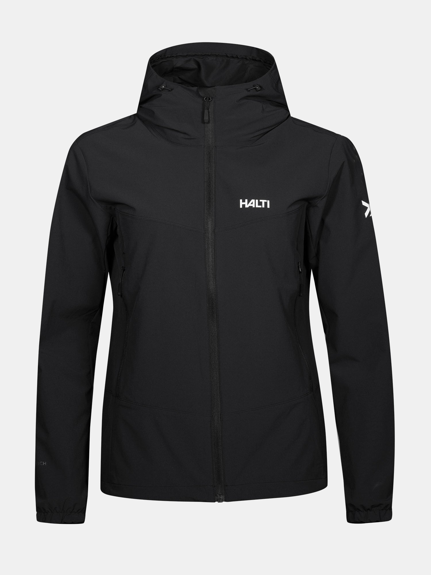 Halti Pallas Evo X-stretch Jacka Plus Dam, svart med huva och logga, perfekt för vandring, visas mot neutral bakgrund.