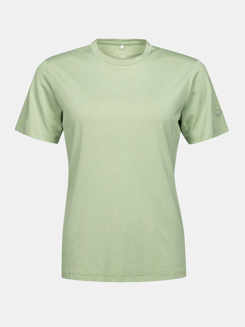 Kalteva T-Skjorta Dam från Halti: ljusgrön Sorona® kortärmad t-shirt med rund hals, framifrån mot vit bakgrund.
