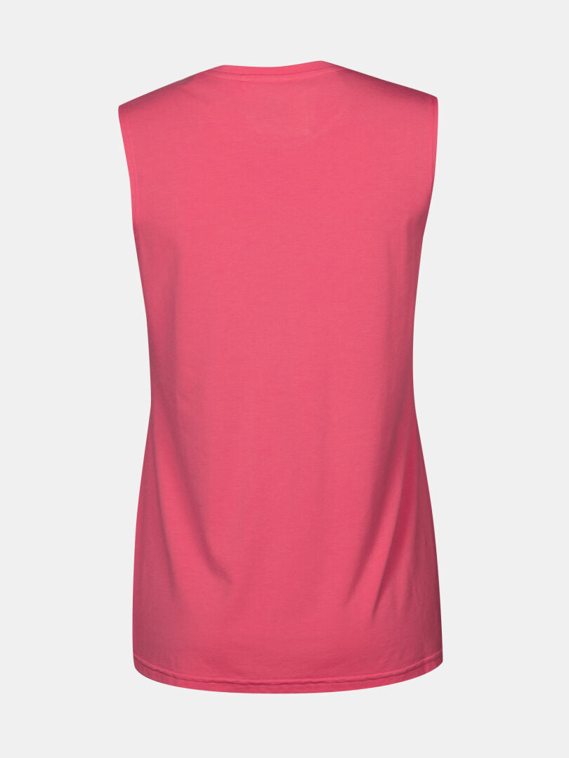 Halti Kalteva Top Dam: ärmlös rosa trekkingtopp i hållbar jersey visad bakifrån på vit bakgrund.