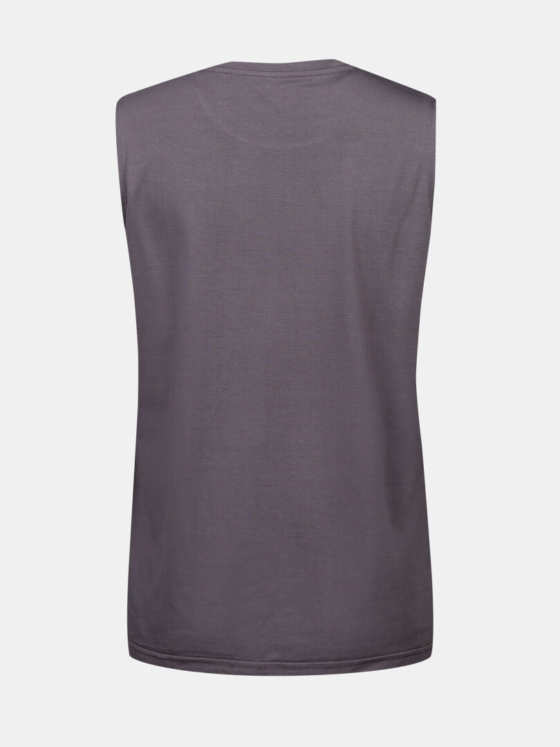 Bakifrån på Halti Kalteva Top Dam, en ärmlös grå trekkingtopp i hållbar trikå, på vit bakgrund.