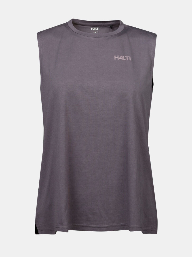 Halti Kalteva Top Dam: ärmlös grå trekkingtopp med rund halsringning, hållbar jersey, på vit bakgrund.