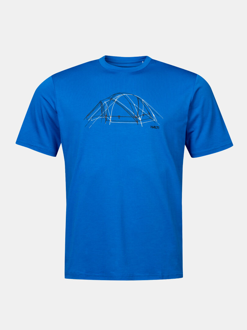 Halti Kalteva T-Skjorta Herr, blå kortärmad t-shirt med minimalistisk tältgrafik och HELTY-text på framsidan.
