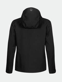 Halti Pallas Evo Brushed X-stretch Jacka Dam är svart, långärmad, med en liten logotyp på den övre huvan, bakifrån.