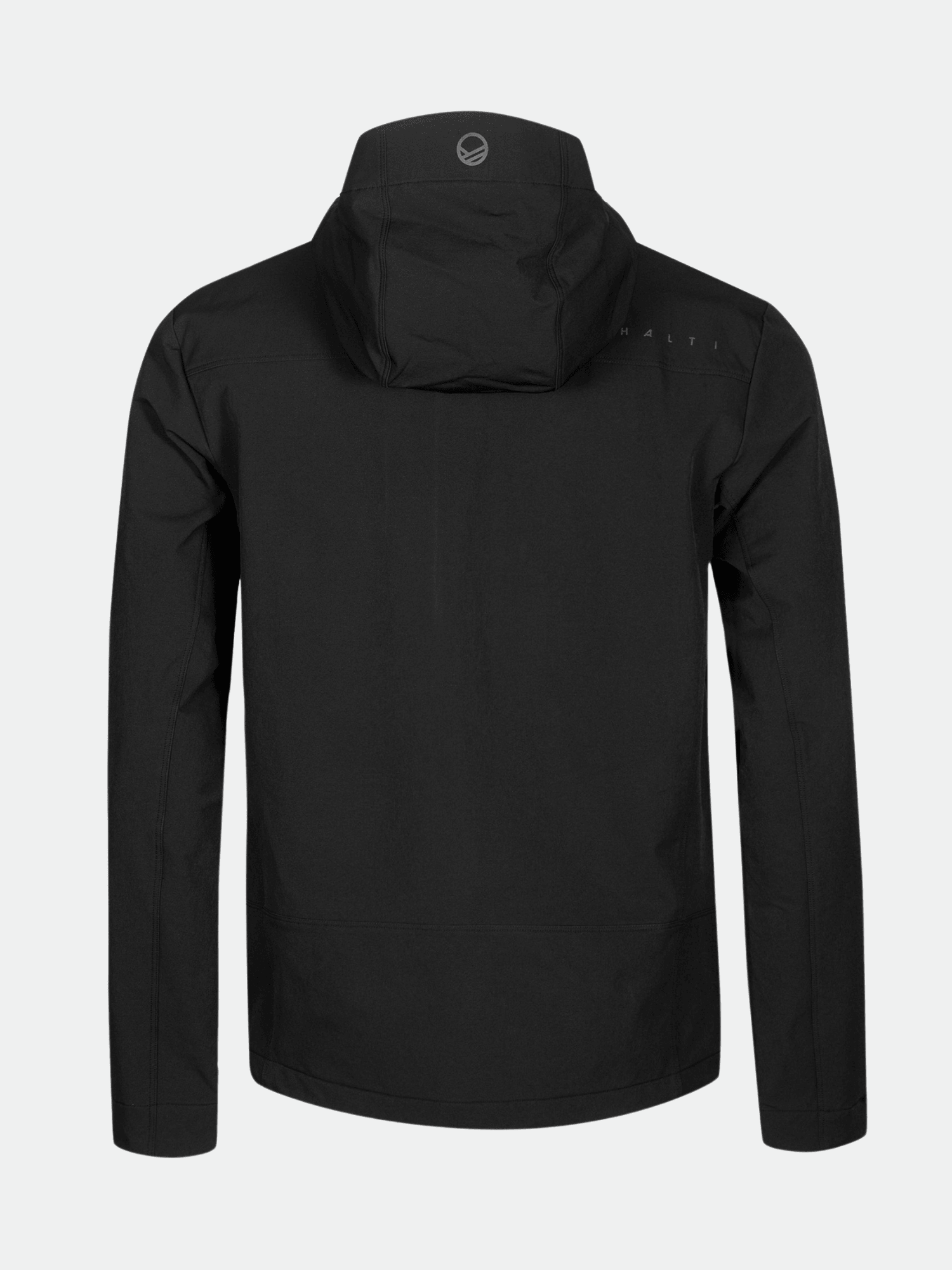 En svart Halti Pallas Evo Brushed X-stretch Jacka Herr visas bakifrån mot en enfärgad ljusgrå bakgrund.