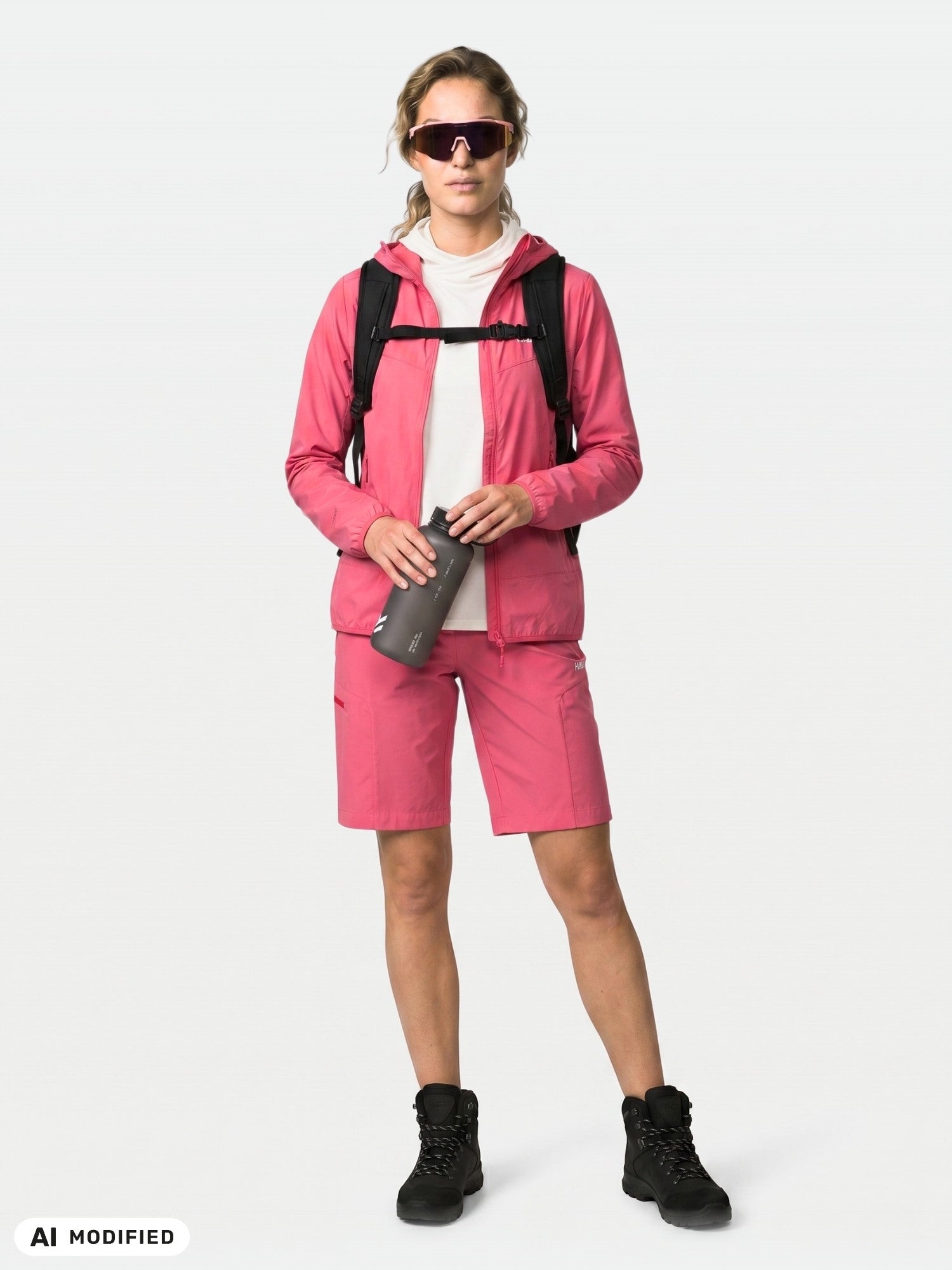 Kvinna i en Halti Pallas Cool X-stretch-jacka för damer, svarta stövlar och solglasögon, som håller en flaska mot en enfärgad bakgrund.
