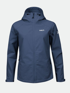 Halti Finholma X-stretch Jacka Dam: blå softshell med huva, vindtätt stretchmaterial, framfickor och logo.