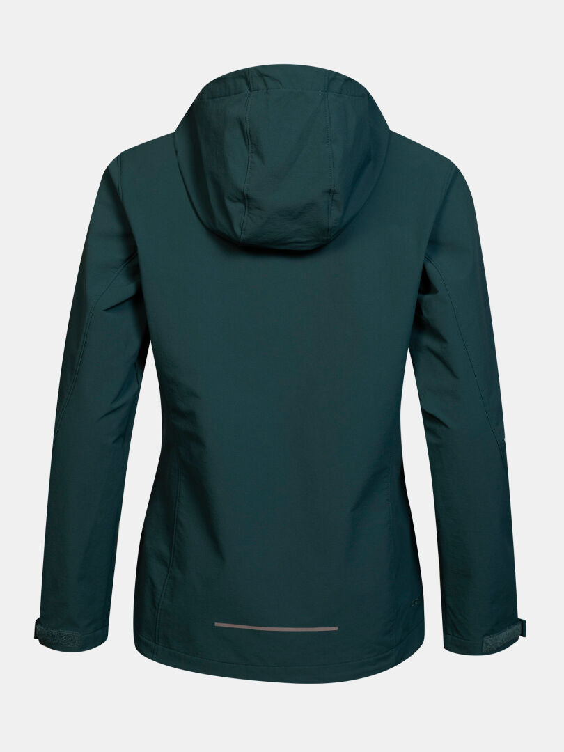 Halti Finholma X-stretch-jacka för damer i mörkgrönt, med huva, avbildad bakifrån mot en enfärgad vit bakgrund.