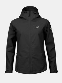 Halti Finholma X-stretch Jacka Dam är en svart softshell med huva, stretch, två fickor och vita logotyper.