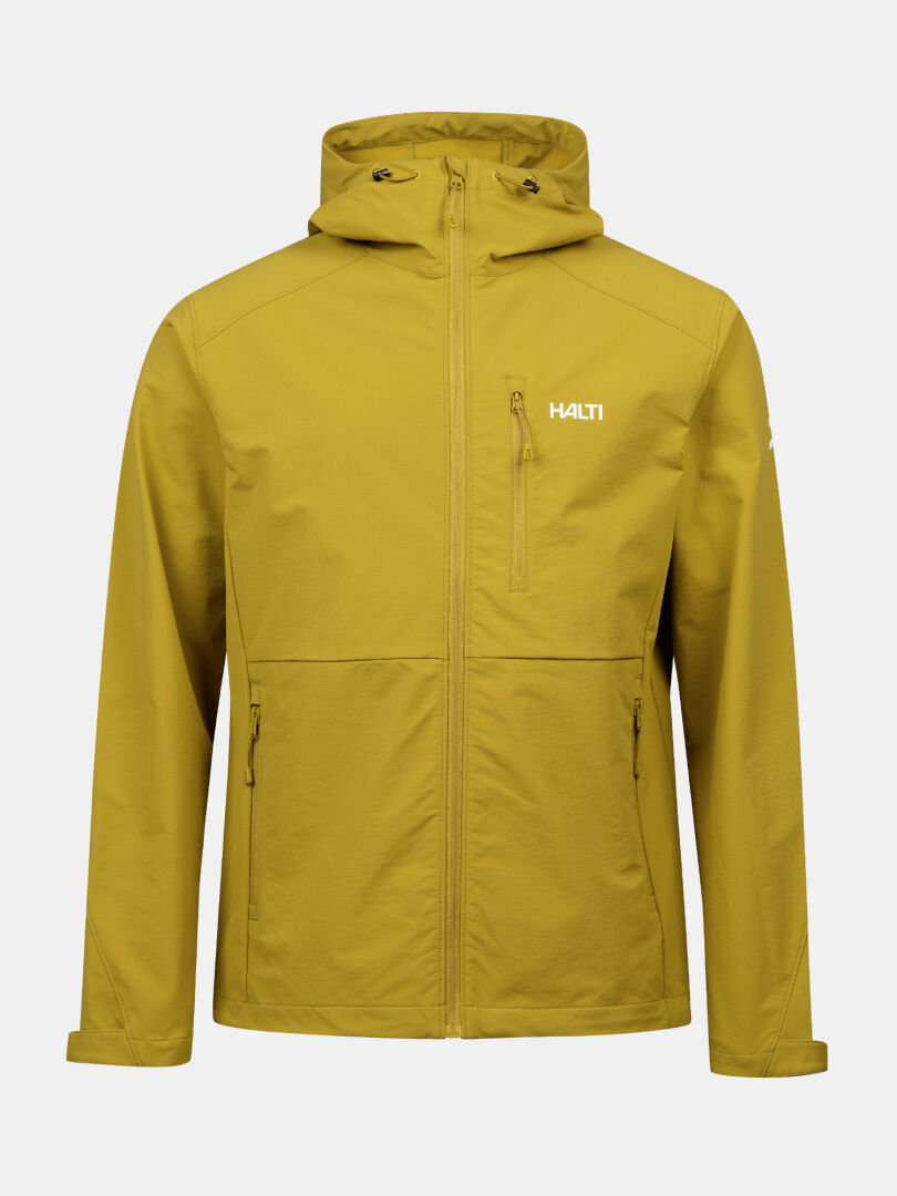 Halti Finholma X-stretch Jacka Herr: gul softshell med huva, frontdragkedja, bröst- och sidfickor, logga på bröstet.