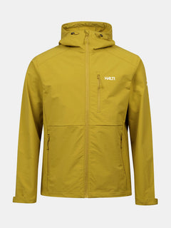 Halti Finholma X-stretch Jacka Herr: gul softshell med huva, frontdragkedja, bröst- och sidfickor, logga på bröstet.