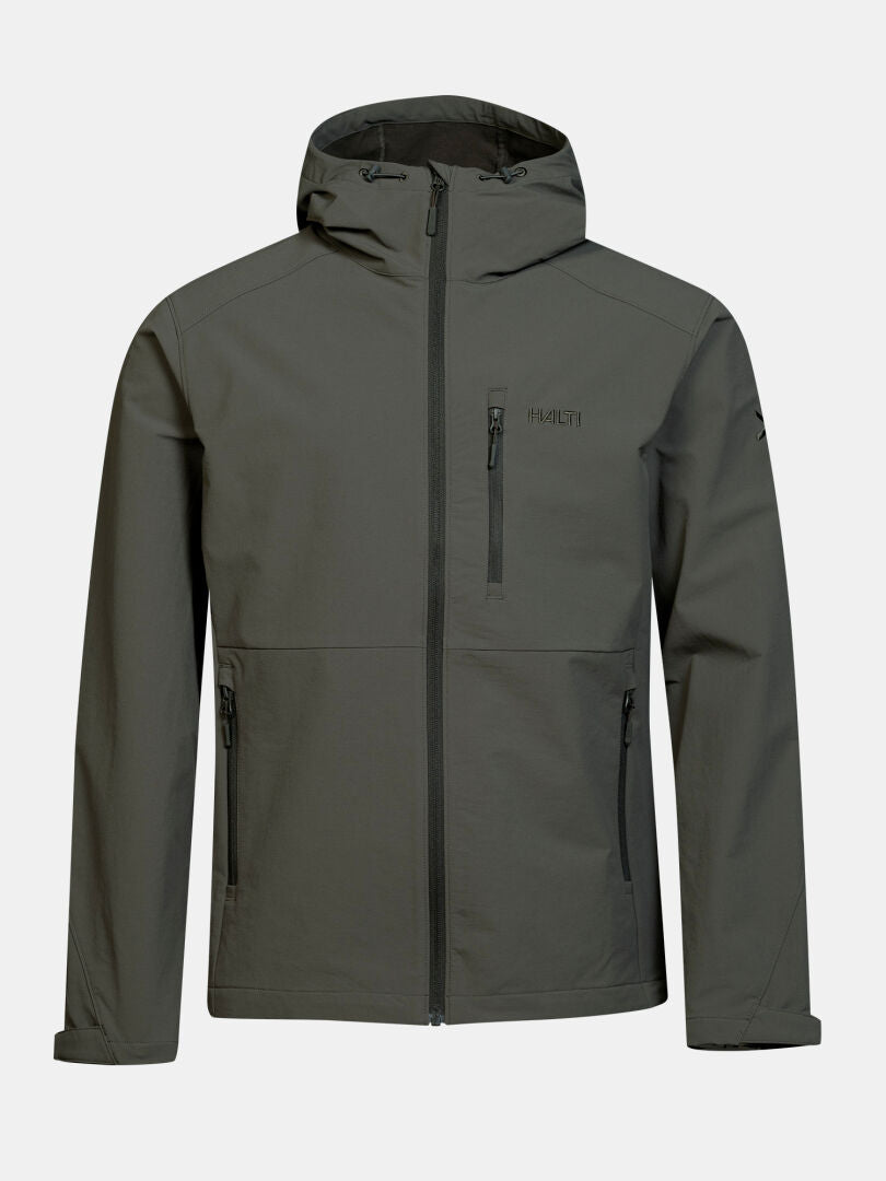 Halti Finholma X-stretch Jacka Herr: grå softshell, dragkedja fram, bröstficka – perfekt för friluftsliv.