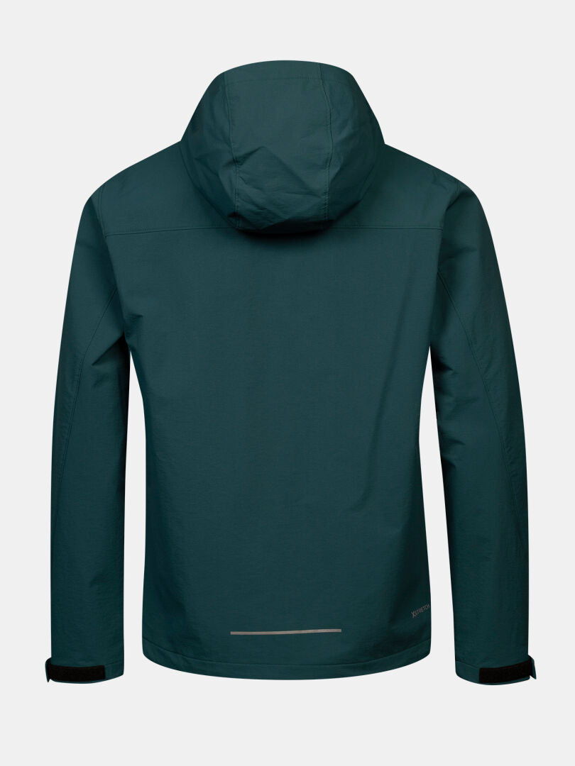 Halti Finholma X-stretch-jacka för herr i mörkgrönt, sett bakifrån, med långa ärmar och en liten reflekterande remsa längst ner.