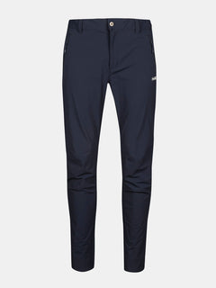 Halti Finholma X-stretch Byxor Herr: marinblå, stretch, knappstängning, sidofickor med dragkedja, vit logo på låret.
