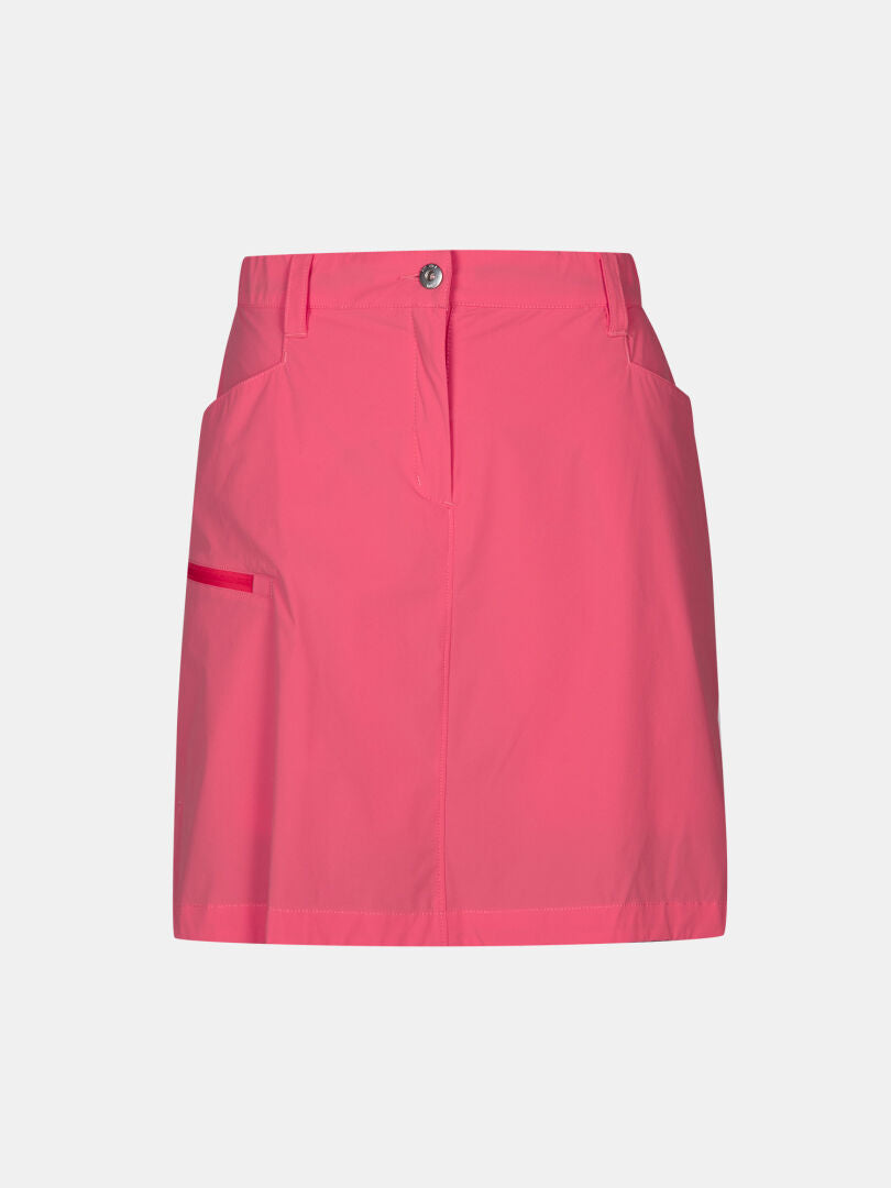 Halti Pallas Cool Skjol Dam: rosa, knälång, snabbtorkande med knapp, dragkedja, bälteshällor och sidofickor fram.
