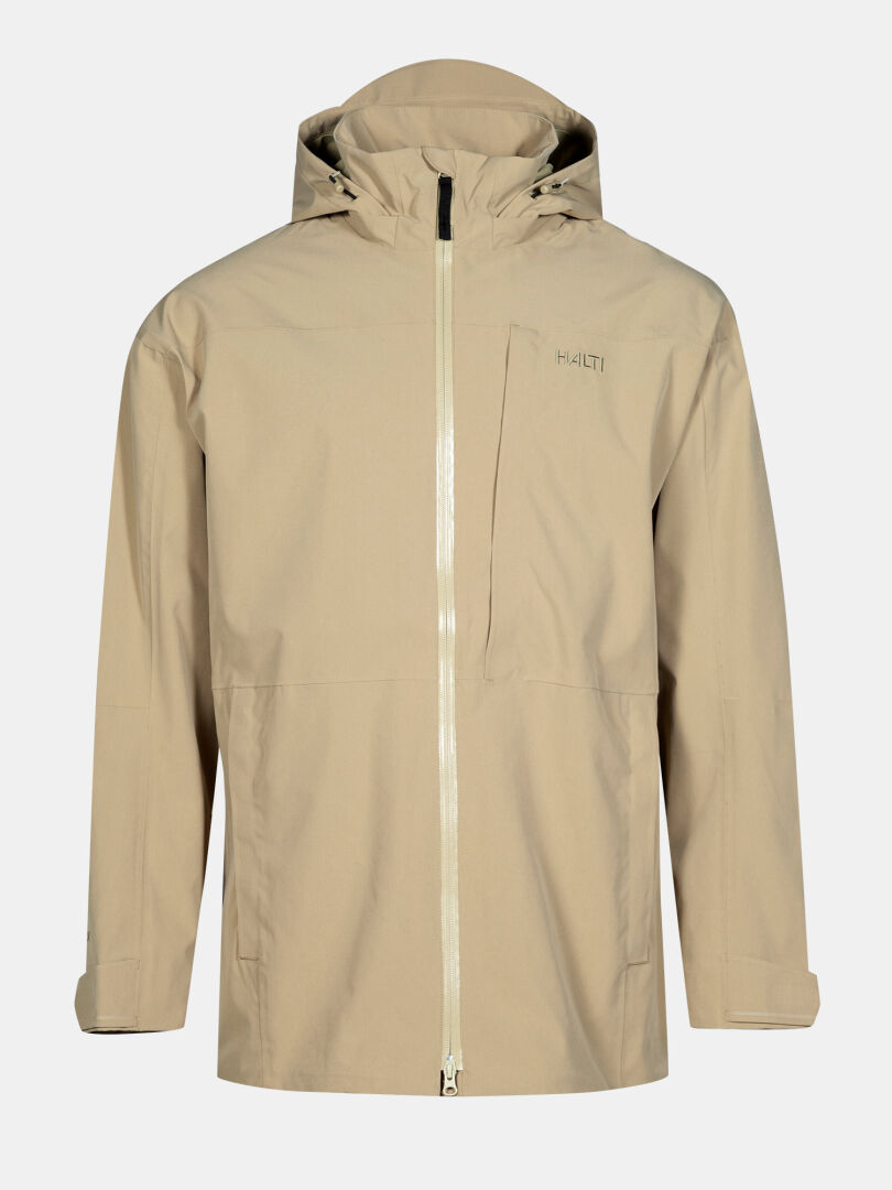 Halti Valaja DX Parka Herr är en beige jacka med huva, dragkedja fram, bröstficka och Halti-logotyp på bröstet.