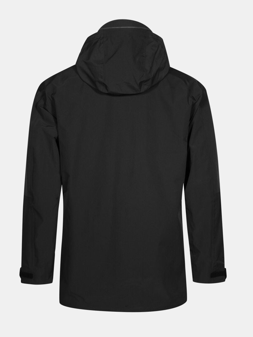En svart Halti Valaja DX Parka Herr bakifrån, idealisk för friluftsliv, mot en vit bakgrund.