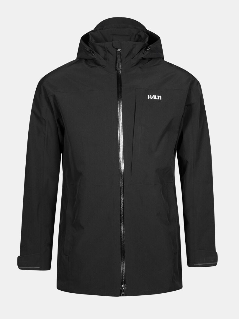 Halti Valaja DX Parka Herr är en svart vattentät parkas med huva, dragkedja framtill och logotyp, mot en enfärgad bakgrund.