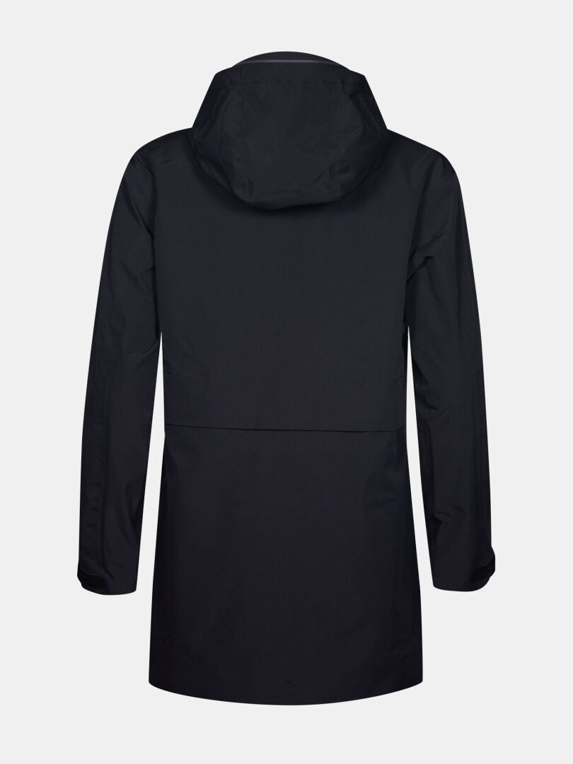 Bakifrån på en svart Halti Valaja DX Parka Dam med långa ärmar och rakt snitt, mot en vit bakgrund.