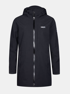 En Halti Valaja DX Parka Dam Plus svart regnjacka med dragkedja fram, mot en vit bakgrund.