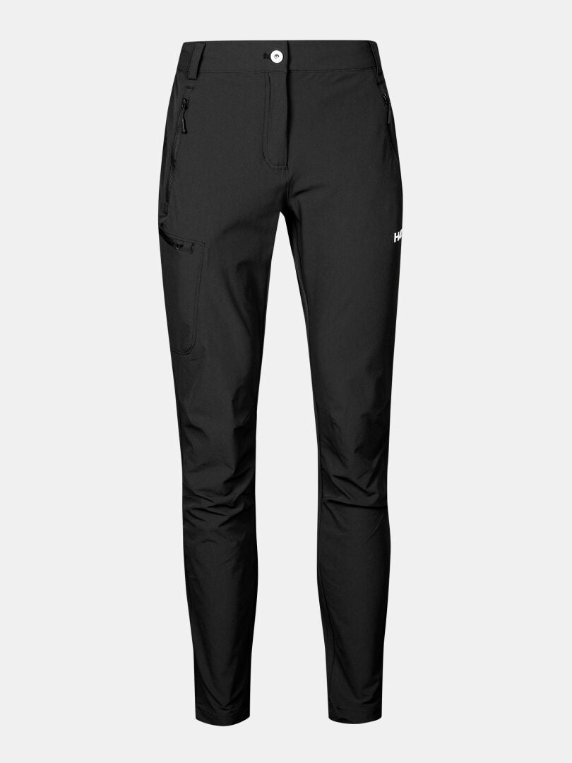 Halti Pallas X-stretch Outdoor Byxor Dam Plus: svarta slim fit-byxor med blixtlåsförsedda fickor, knapp i midjan, vit logo på låret.