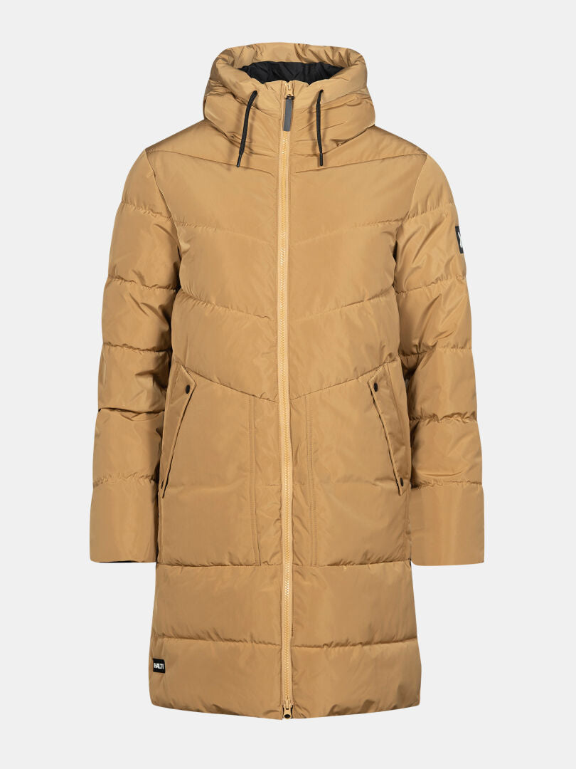 Halti Linjat Parka Jacka Dam, brun puffer med huva och DrymaxX® Lite, dragkedja fram och två sidofickor.