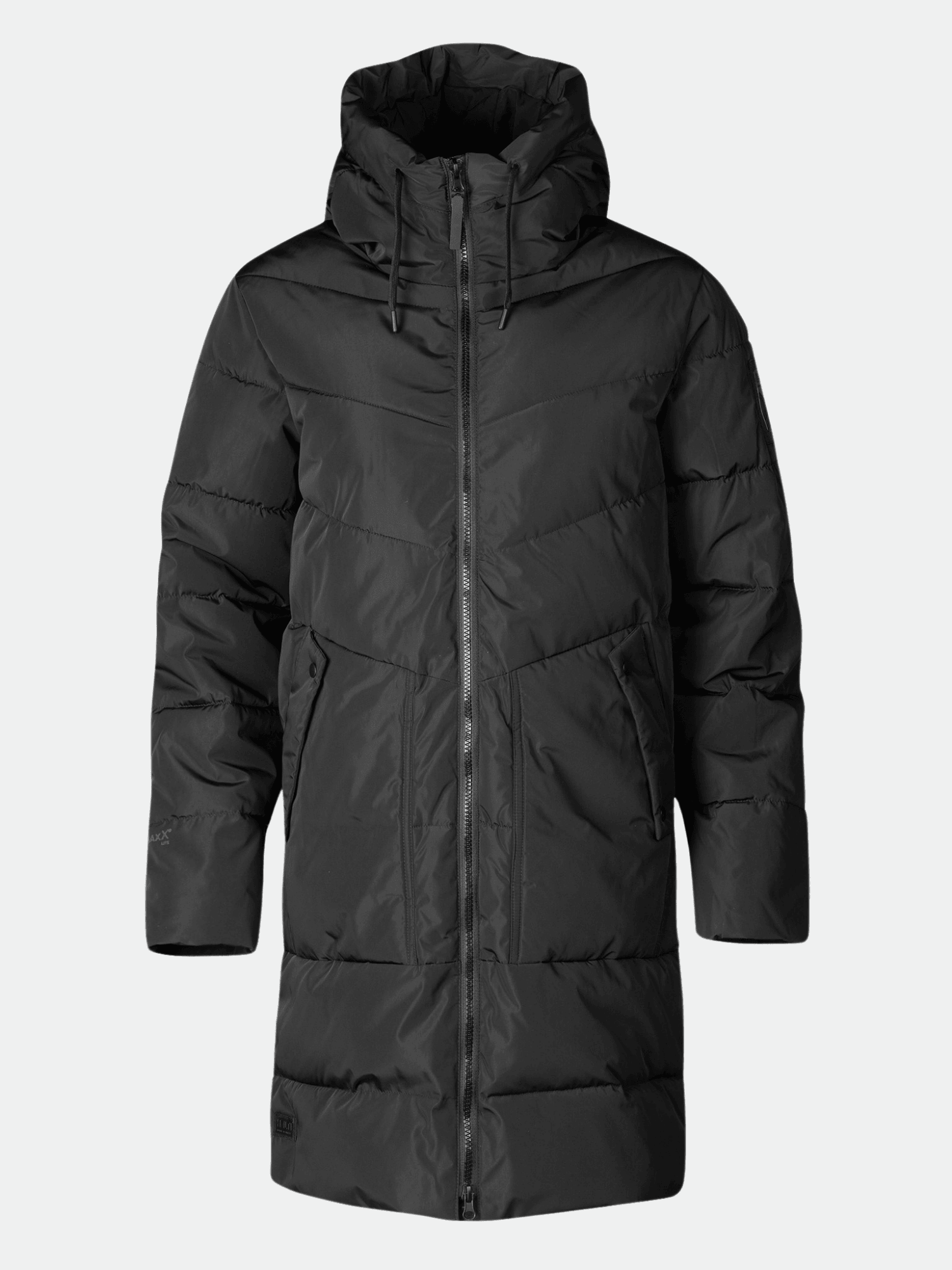Halti Linjat Parka Jacka Dam är en lång svart pufferjacka med huva, dragkedja framtill och två sidofickor på vit botten.