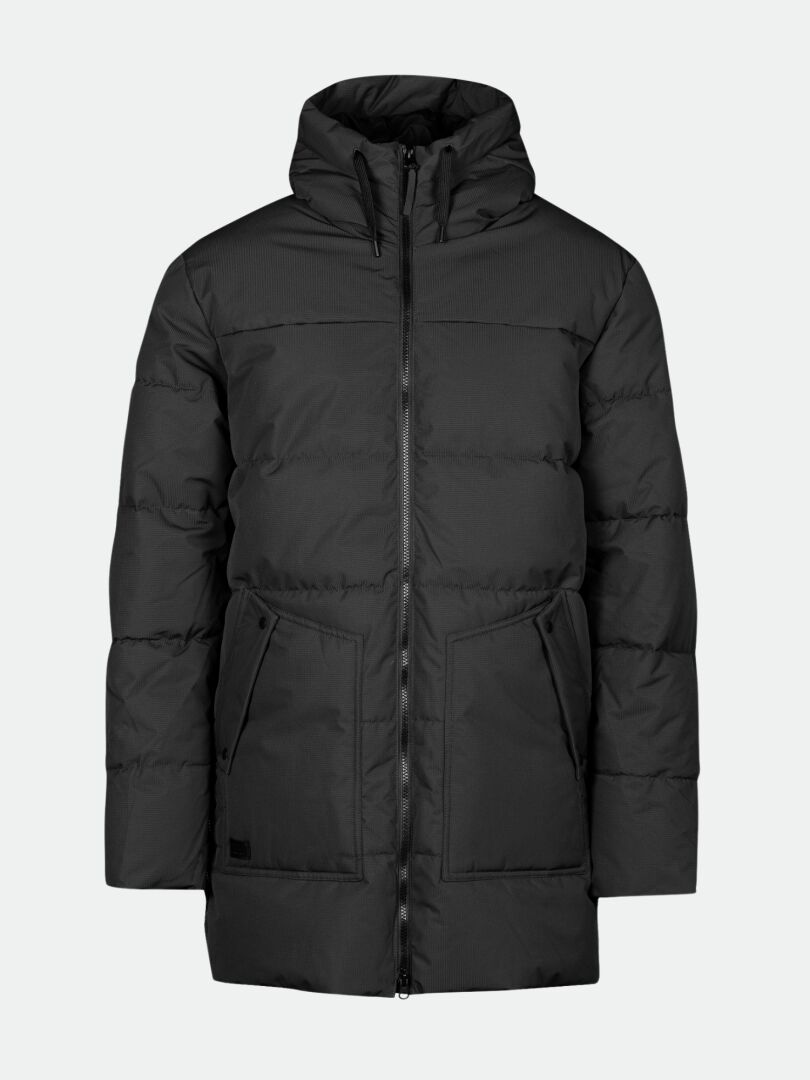 Halti Linjat Parka Jacka Herr: svart pufferjacka med huva, DrymaxX® Lite, dragkedja fram, 2 fickor på ljusgrå botten.