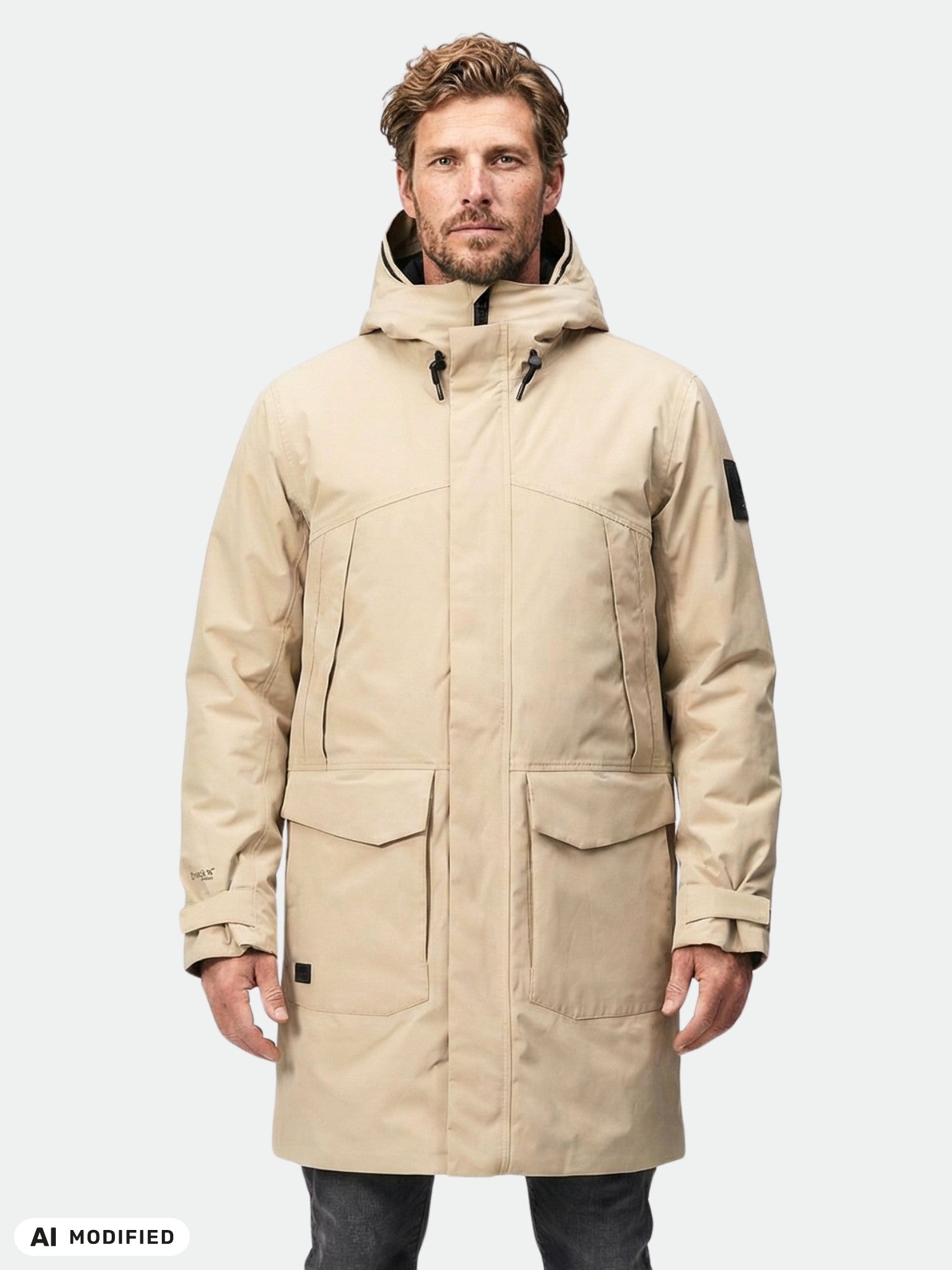 En man står vänd framåt i en beige Halti Bergga DX Vinterjacka Herr, en vatten- och vindtät stadsparka.