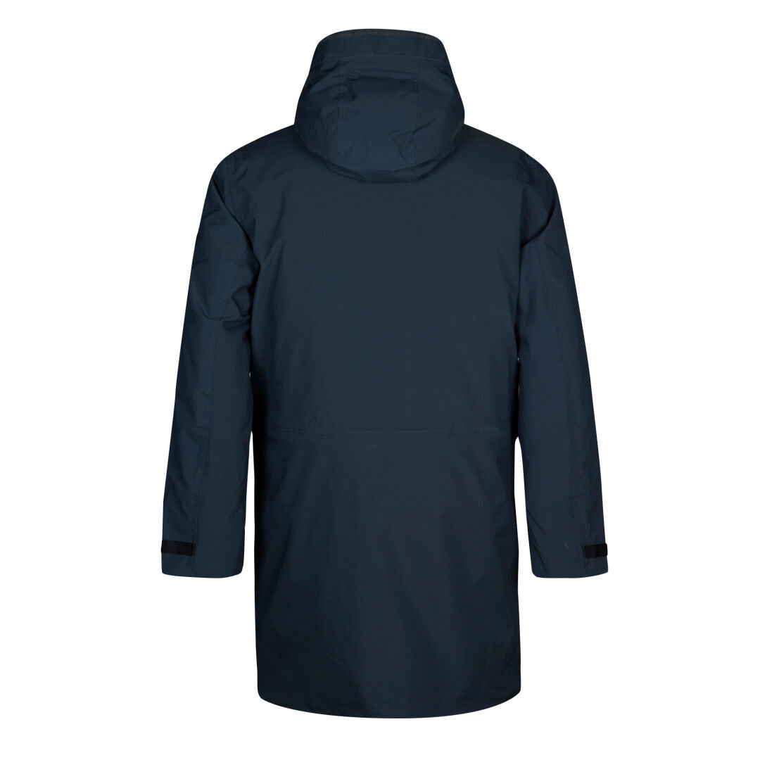 En Halti Bergga Herr DrymaxX Vinterjacka i marinblått visas bakifrån med långa ärmar och rak fåll.