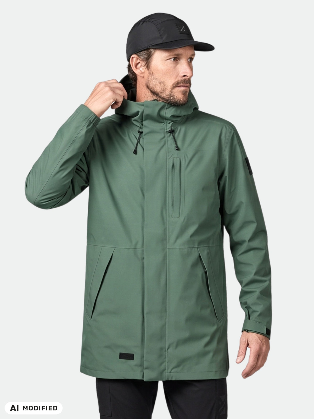 En man i en Halti Kurvi DX 3L Parka Jacka Herr, grön, och en svart keps, som justerar kragen mot en ljus bakgrund.