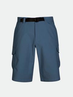 Halti Rundi Herr Shorts: blå, sidfickor, svart bälte och Quick Dry Stretch ECO RECY monomaterialdesign.