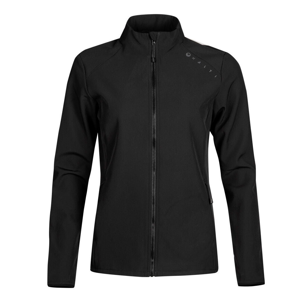 Halti Fore Softshell Jacka Dam i svart, med långa ärmar och hög krage, tillverkad av återvunnet tyg.