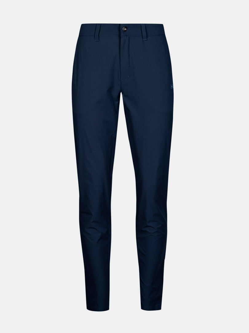 Halti Drive X-stretch Chinos Dam i marinblå slim-fit med knapp och dragkedja, på ljusgrå bakgrund.