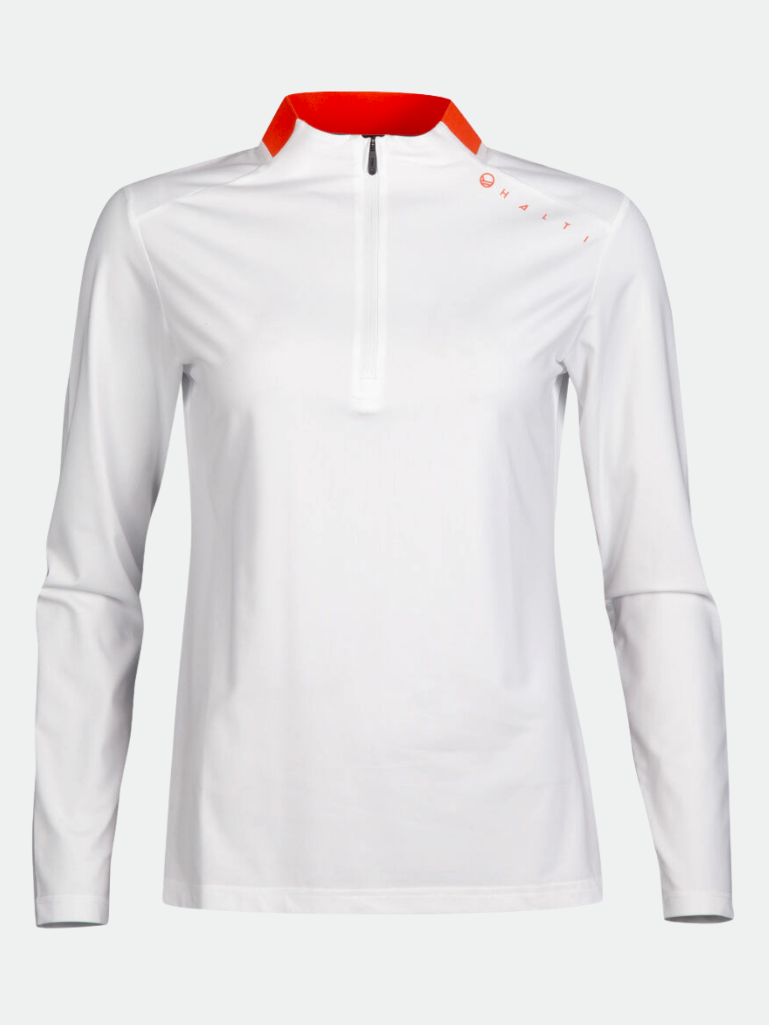 Halti Fairway Tröja Dam: långärmad vit teknisk jersey, halv dragkedja fram, orange krage och axeldetaljer.