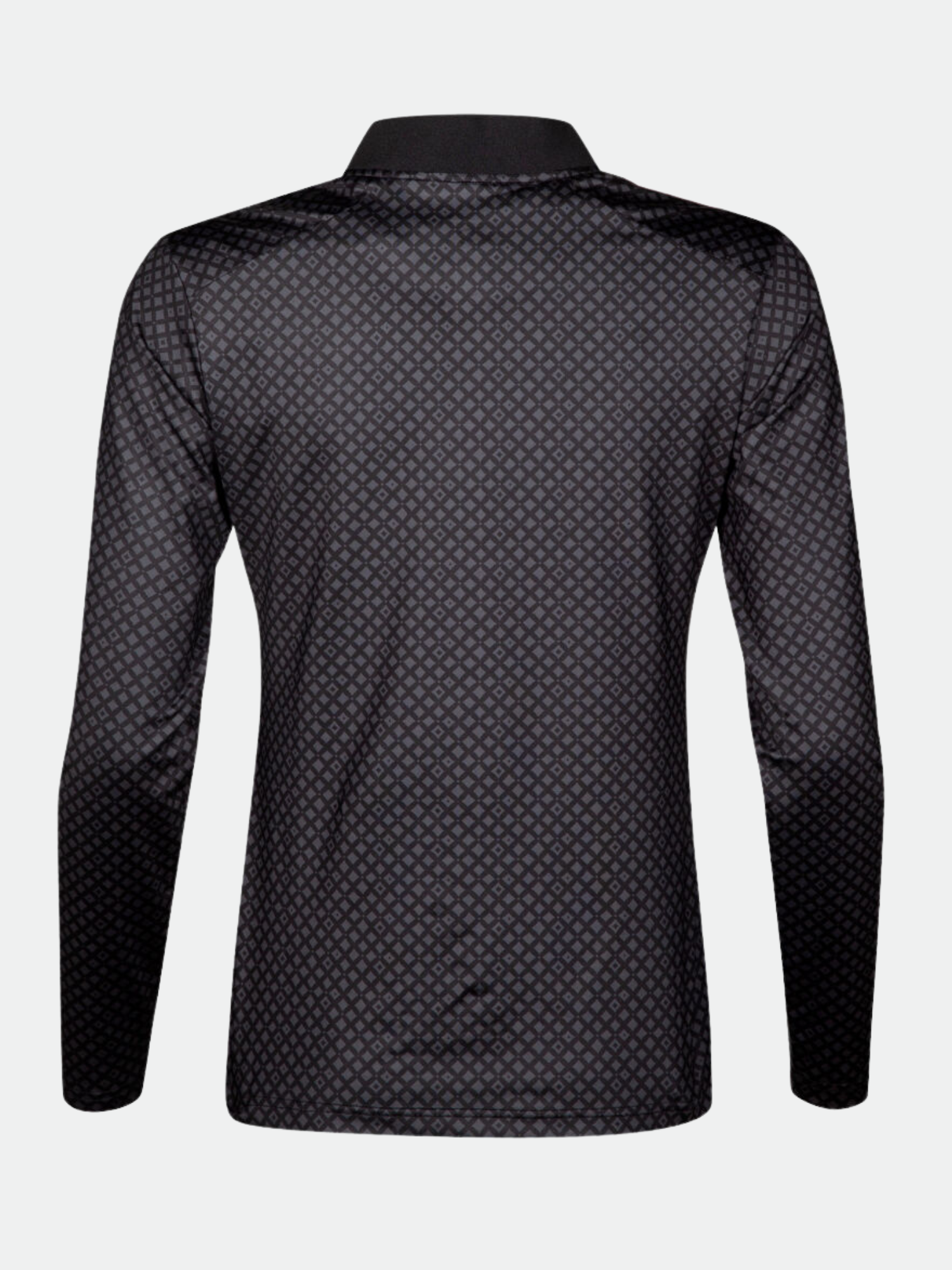 Halti Fairway Tröja Dam är en svart långärmad skjorta i tech-jersey med ett subtilt geometriskt mönster, sett bakifrån.