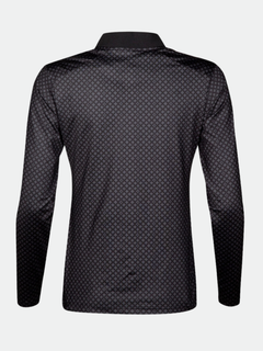 Halti Fairway Tröja Dam är en svart långärmad skjorta i tech-jersey med ett subtilt geometriskt mönster, sett bakifrån.