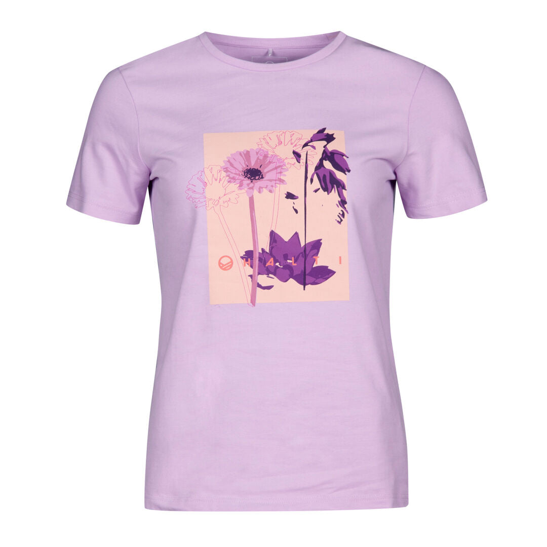 Halti Matka T-shirt Dam: Lila t-shirt i ekologisk bomull med rosa rektangulär blommig grafik framtill.