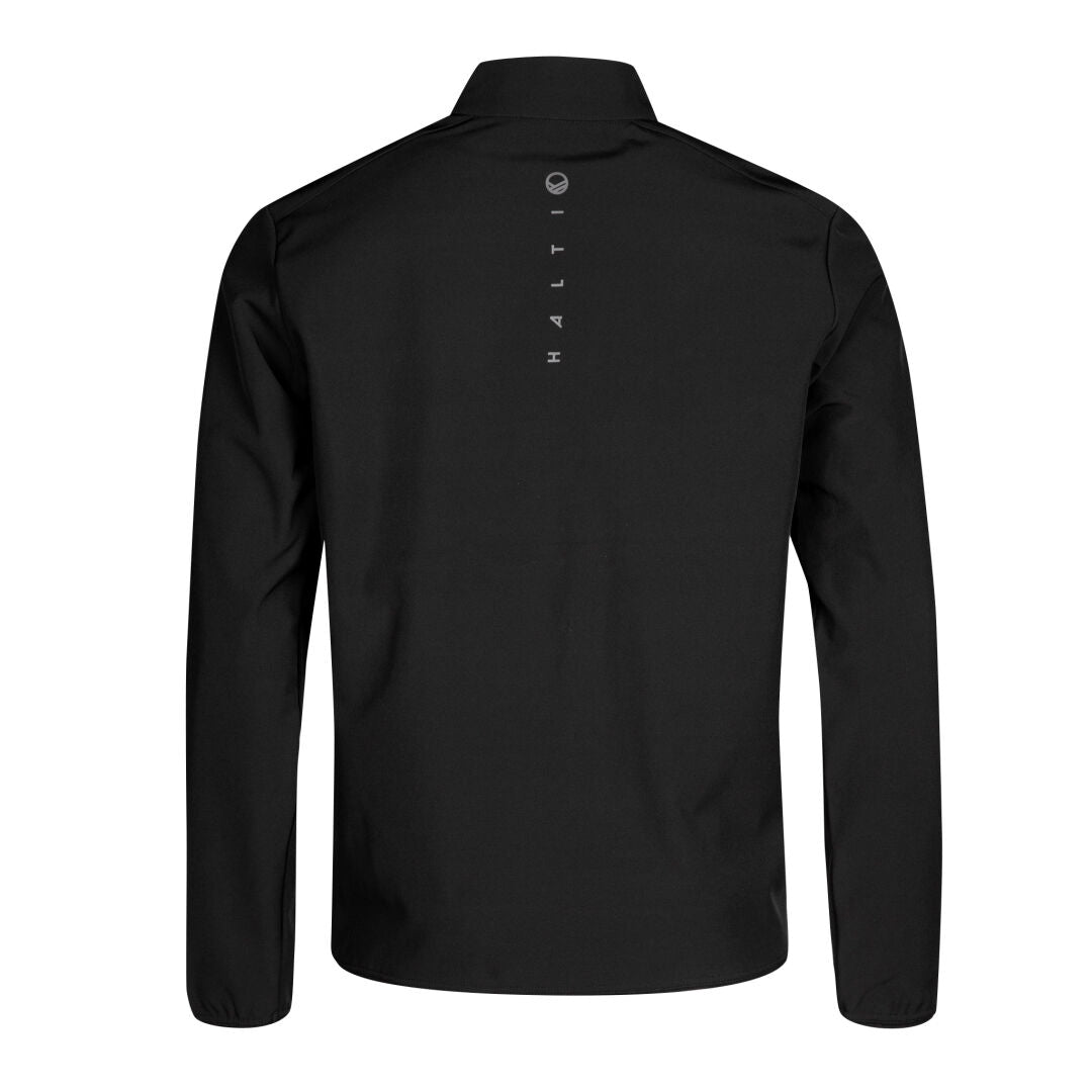 Fore Softshell Jacka Herr från Halti, svart tekniskt material, bakifrån med Halti-loggan vertikalt vid kragen.