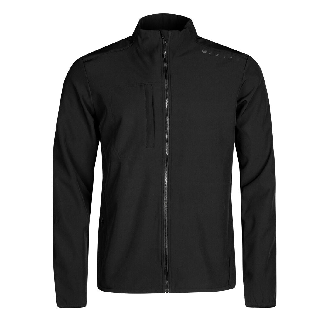 Halti Fore Softshell Jacka Herr är en enkel svart jacka med ståkrage och bröstficka, i tekniskt material.