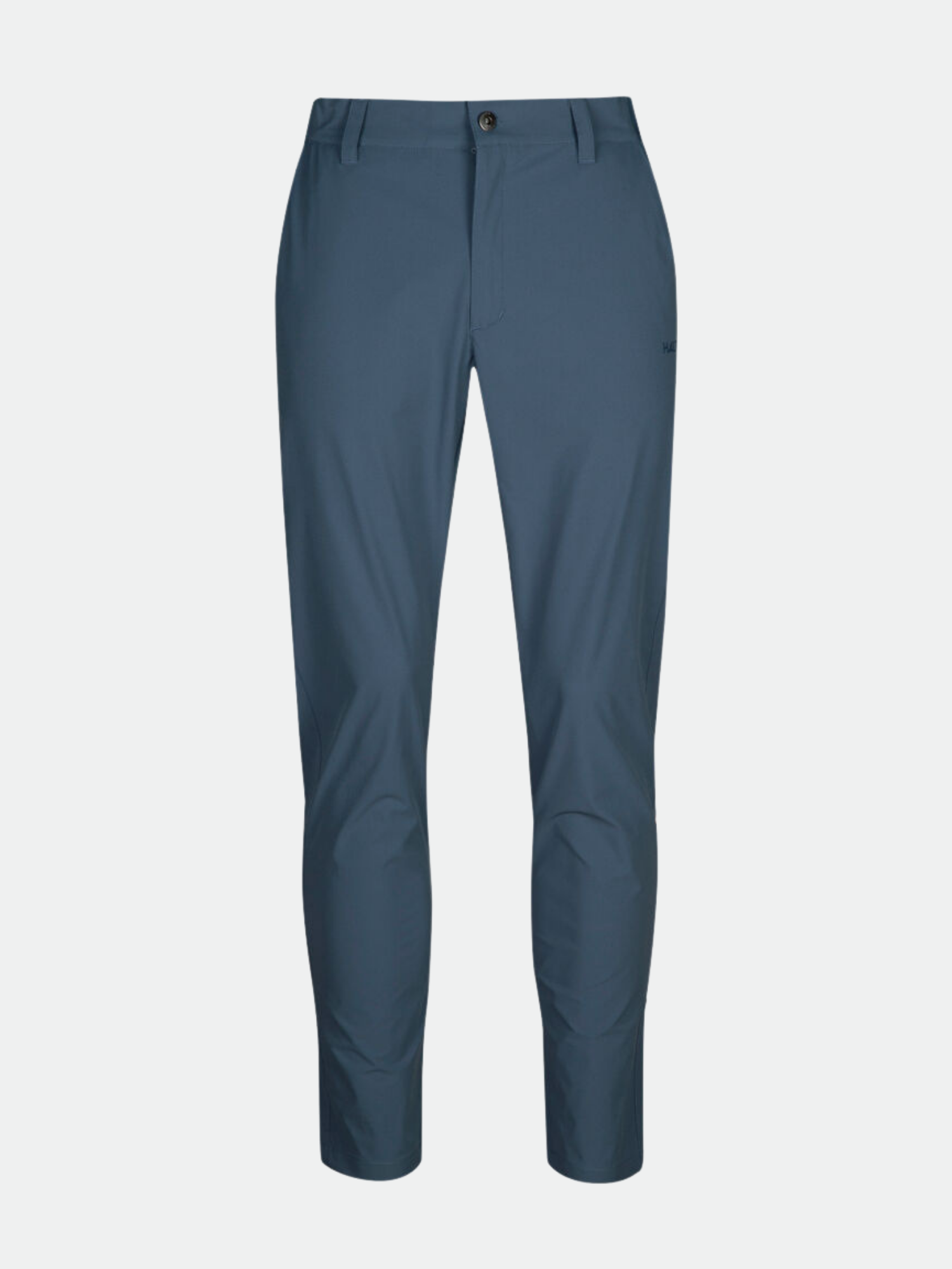 Halti DriveX-stretch chinos herr i blått med knapp och dragkedja, raka ben, visade framåtvända mot enfärgad bakgrund.