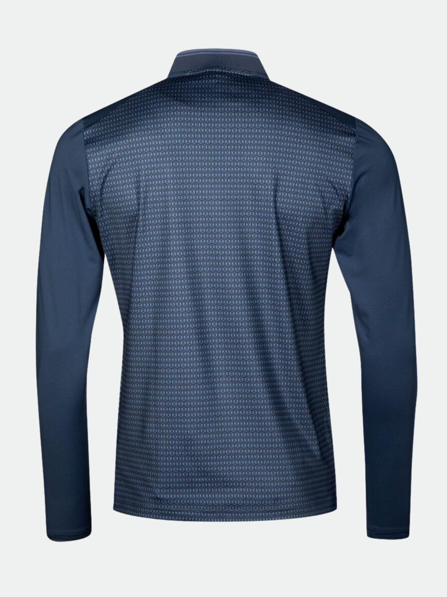 Baksidan av Halti Fairway Tröja Herr, långärmad, mörkblå med subtilt geometriskt mönster på tekniskt tyg.