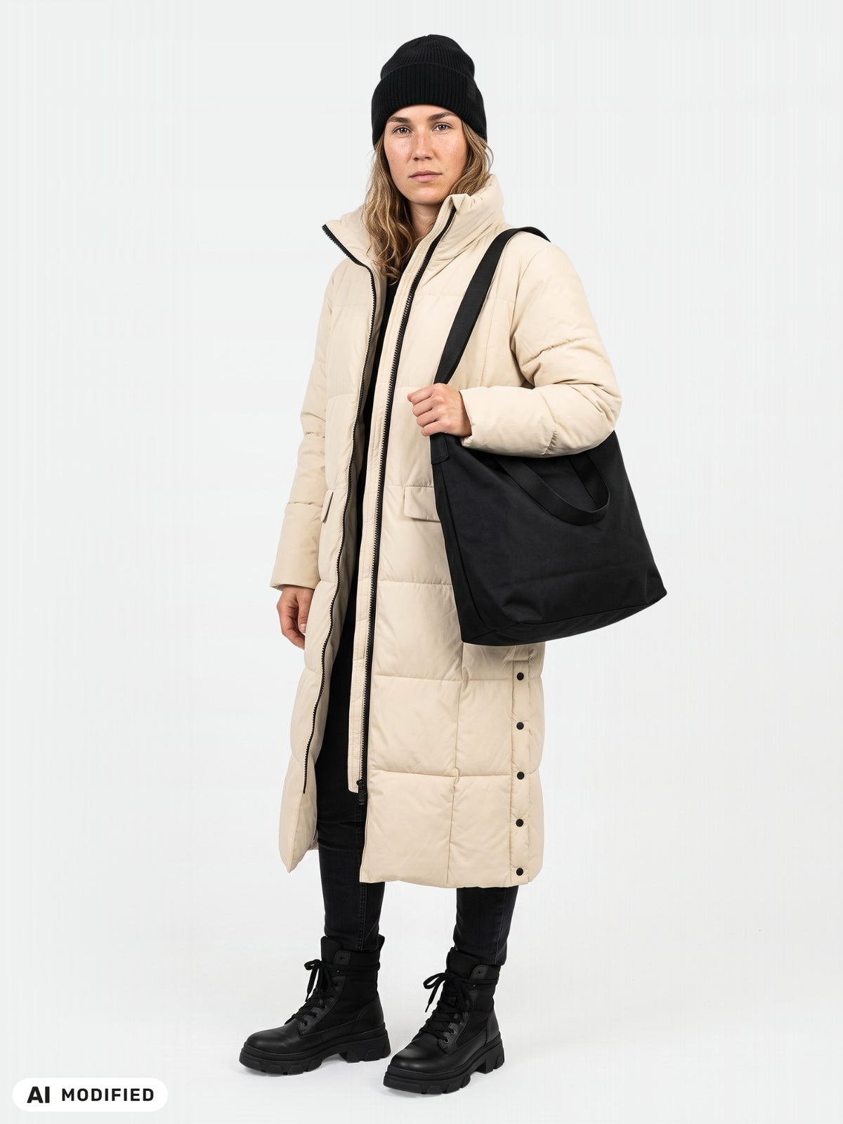 En person klädd i en beige Halti Penger Vinterjacka Dam-dunjacka, svarta byxor, mössa och stövlar bär en svart tygväska.
