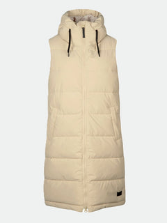 Halti Penger Puffer Väst Dam: ärmlös beige väst med huva, dragkedja fram och fickor, tillverkad av återvunnen polyester.