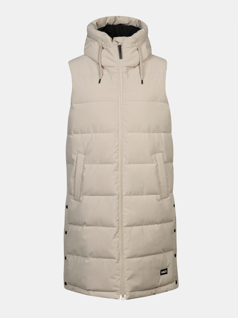 Halti Penger Puffer Väst Dam: beige, med huva, ärmlös, med DrymaxX® Lite, tryckknappar på sidorna, dragkedja och två framfickor.