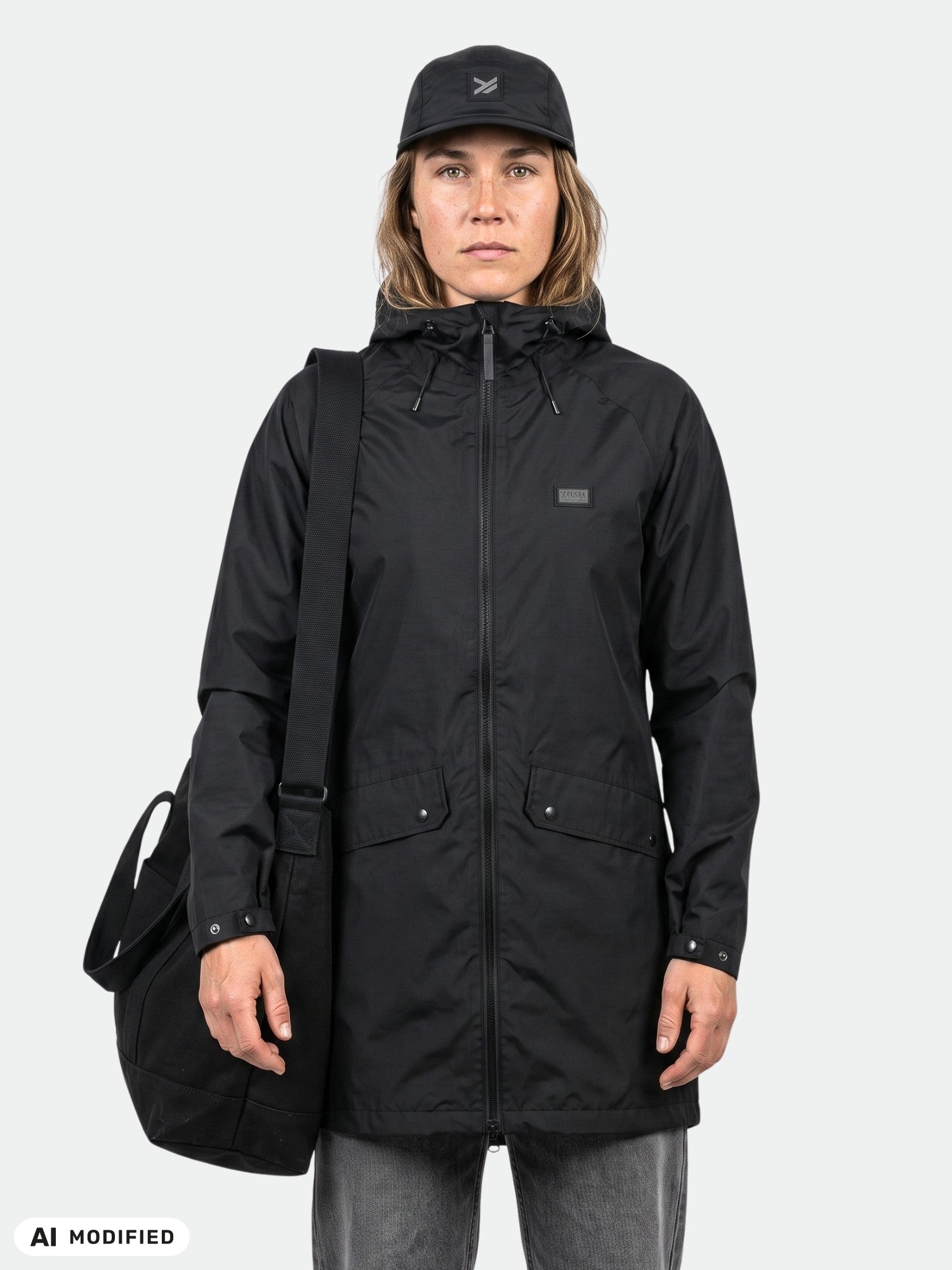 En person bär en Halti Kevee Parka Jacka Dam med svart mössa och väska och står framför en enfärgad bakgrund.