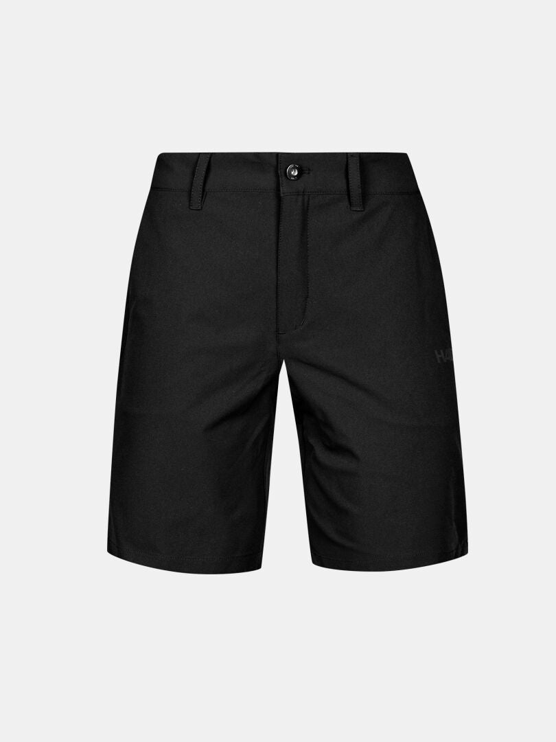 Halti Drive X-stretch Shorts Dam: svart, stretch, rak passform, bälteshällor och knappstängning på vit bakgrund.